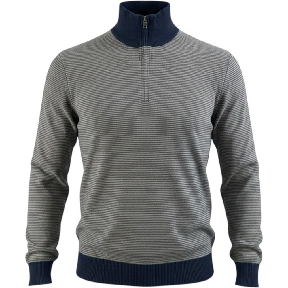Banana Republic Mens Quarter Zip Sweater Navy Blue Grey Striped Mock Neck Size M